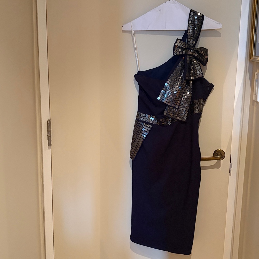 Karen Millen Navy One-Shoulder Dress with Sequin Accent